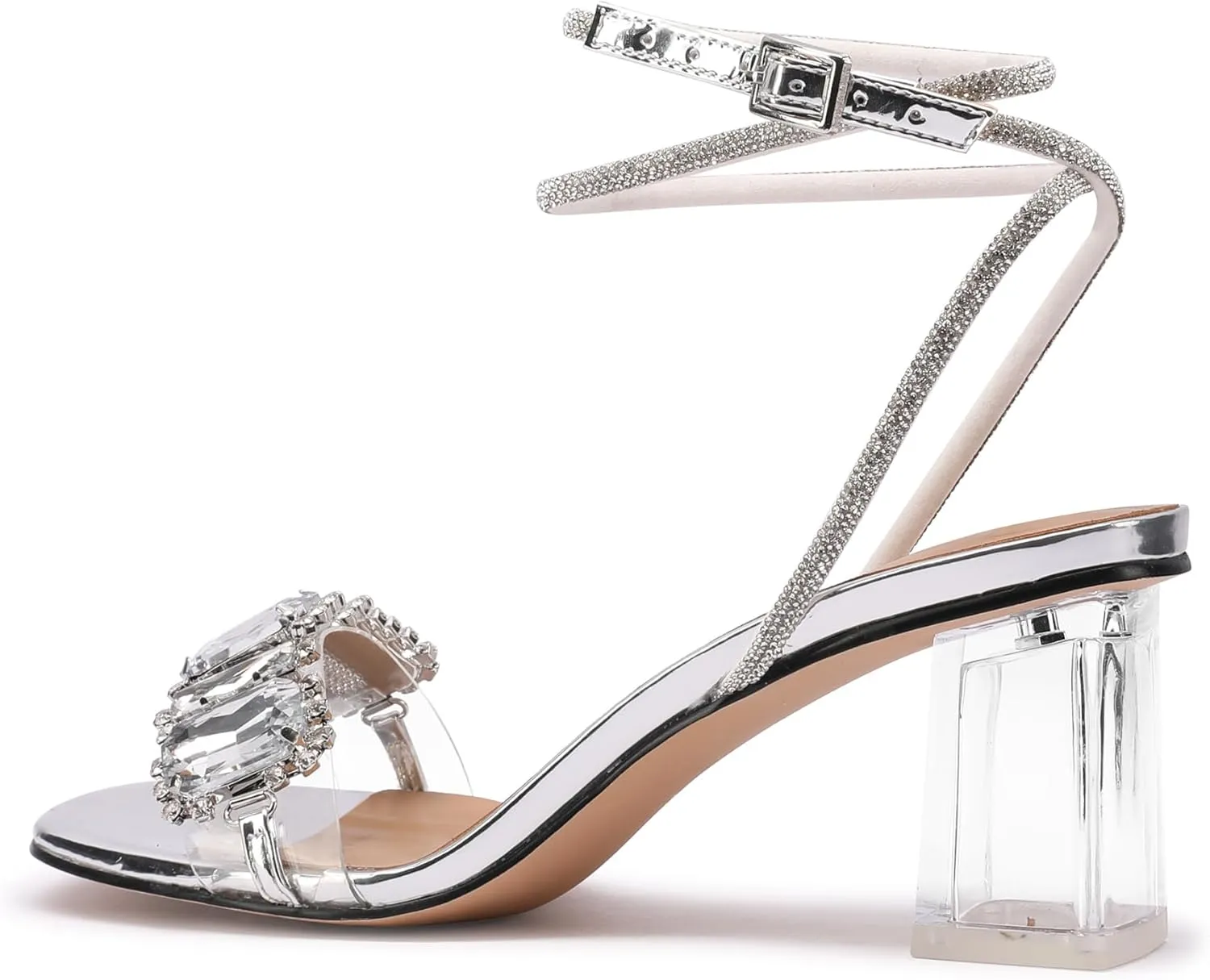 JANSEVEN Women Rhinestone Clear Sandals Crystal Transparent Heels Chunky Block Heel Mid Heel Sparkling silver Sandal with Ankle Strap Square Toe Sandals Dress Shoes Wedding Shoes 2.5 Inches Size 5