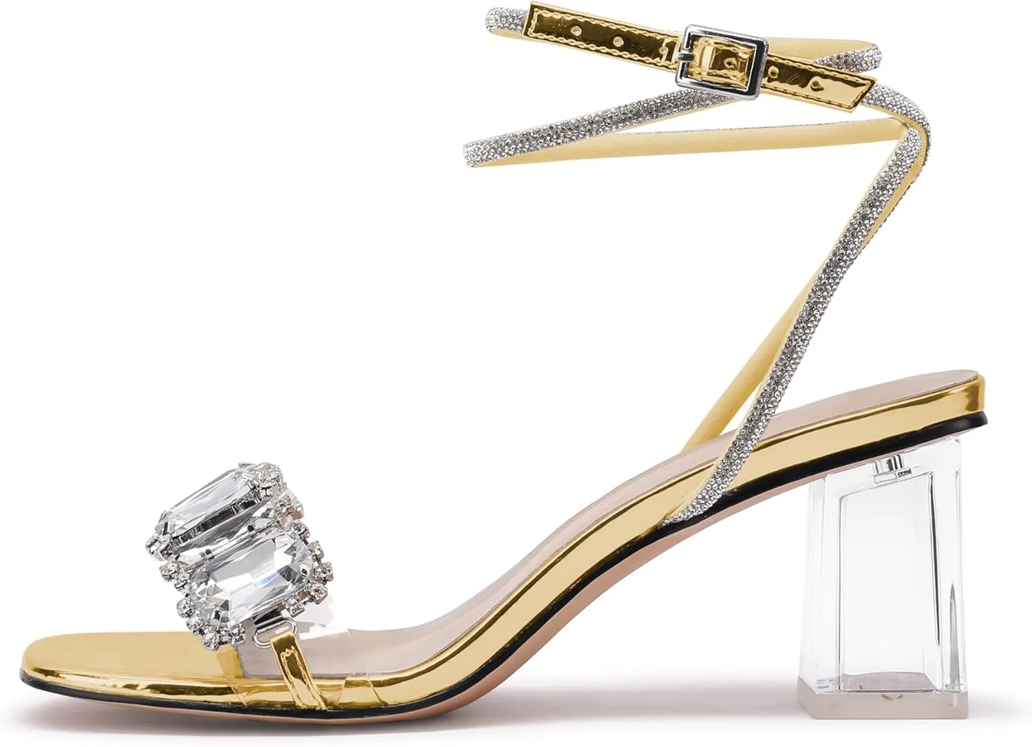 JANSEVEN Women Rhinestone Clear Sandals Crystal Transparent Heels Chunky Block Heel Mid Heel Sparkling silver Sandal with Ankle Strap Square Toe Sandals Dress Shoes Wedding Shoes 2.5 Inches Size 5