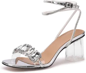 JANSEVEN Women Rhinestone Clear Sandals Crystal Transparent Heels Chunky Block Heel Mid Heel Sparkling silver Sandal with Ankle Strap Square Toe Sandals Dress Shoes Wedding Shoes 2.5 Inches Size 5