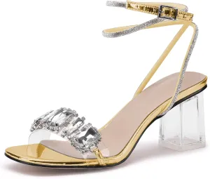 JANSEVEN Women Rhinestone Clear Sandals Crystal Transparent Heels Chunky Block Heel Mid Heel Sparkling silver Sandal with Ankle Strap Square Toe Sandals Dress Shoes Wedding Shoes 2.5 Inches Size 5