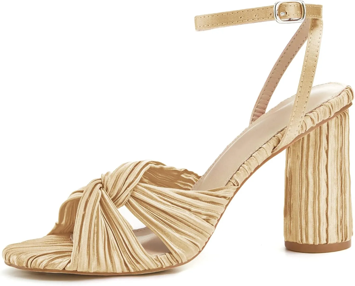 Jauoop Women's Pleated Bow Knot Heeled Sandals Open Toe Ankle Strap Block Chunky Heel Slides Bridal Wedding Dress Shoes
