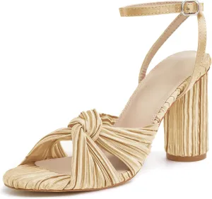Jauoop Women's Pleated Bow Knot Heeled Sandals Open Toe Ankle Strap Block Chunky Heel Slides Bridal Wedding Dress Shoes