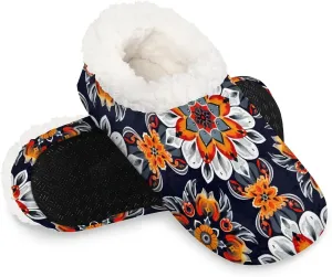 KOBLEN Vintage Flowers Pattern Slippers for Women House Shoes with Fleece Lining Wide Comfy Full Slippers Lightweight Cozy Loafer with Rubber Sole Unisex Slippers Adults for Indoor Outdoor