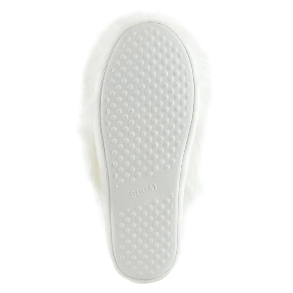 Ladies Novelty Dog Slippers Cream Faux Fur 3D Mule Style Slip-Ons
