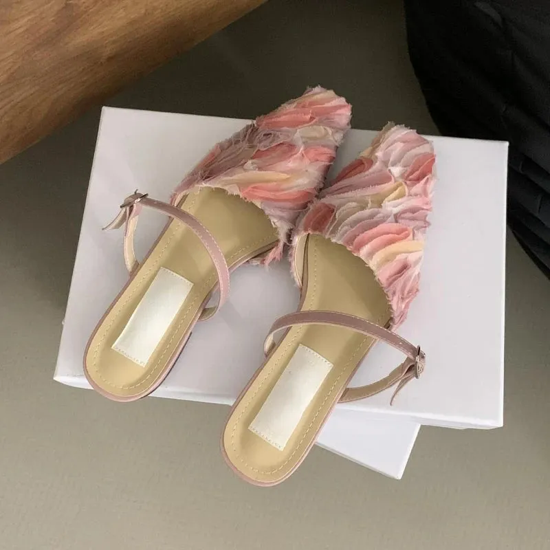 LBSFY  -  Flat Lace Petal Mule Shoes Women Square Toe Pumps Fashion Sandal Female Comfy Non-slip Casual Flip Flops Low Heel Slippers Women