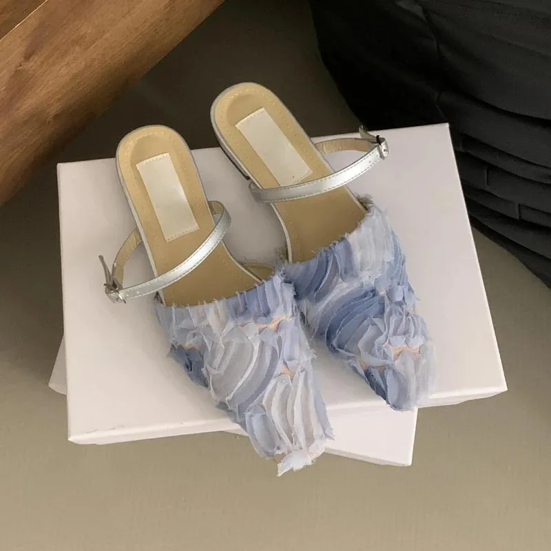 LBSFY  -  Flat Lace Petal Mule Shoes Women Square Toe Pumps Fashion Sandal Female Comfy Non-slip Casual Flip Flops Low Heel Slippers Women