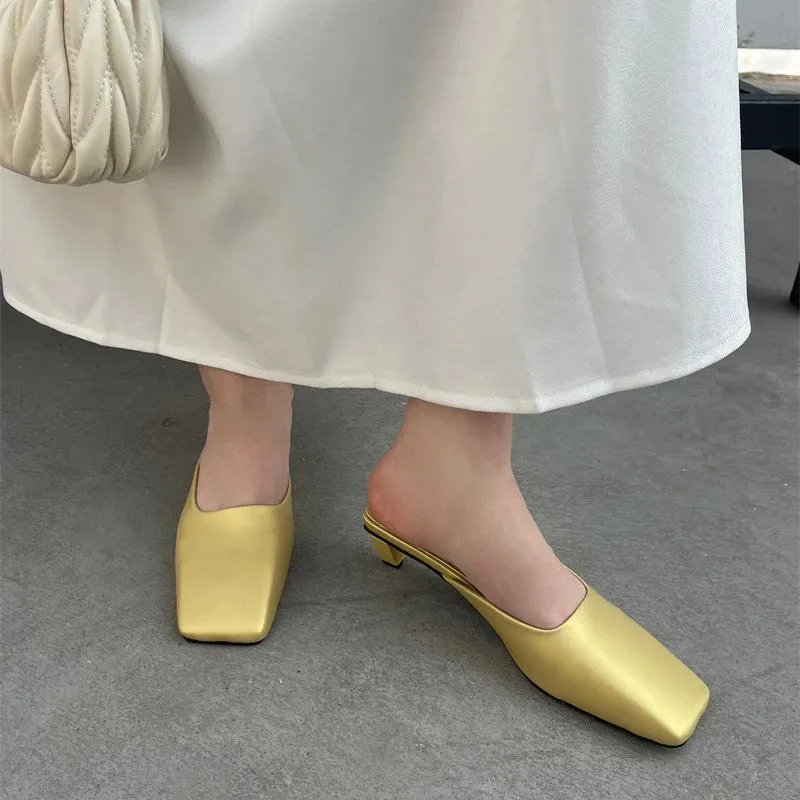 LBSFY  - Satin Mule Slippers for Women Summer 2024 Luxury Brand Low Heel Sandal Women Elegant Comfy Stylish Square Head Flip-flops Ladies