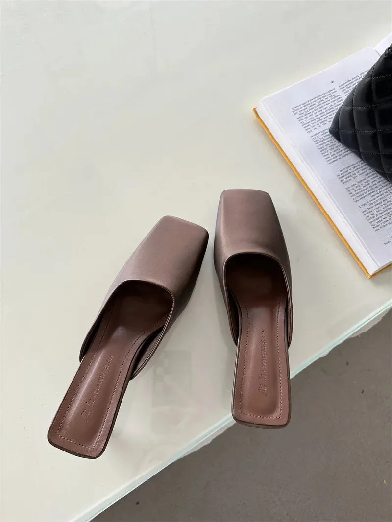 LBSFY  - Satin Mule Slippers for Women Summer 2024 Luxury Brand Low Heel Sandal Women Elegant Comfy Stylish Square Head Flip-flops Ladies