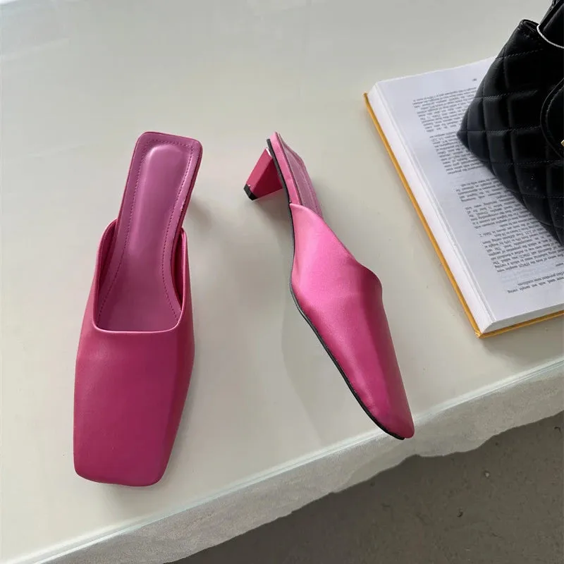 LBSFY  - Satin Mule Slippers for Women Summer 2024 Luxury Brand Low Heel Sandal Women Elegant Comfy Stylish Square Head Flip-flops Ladies