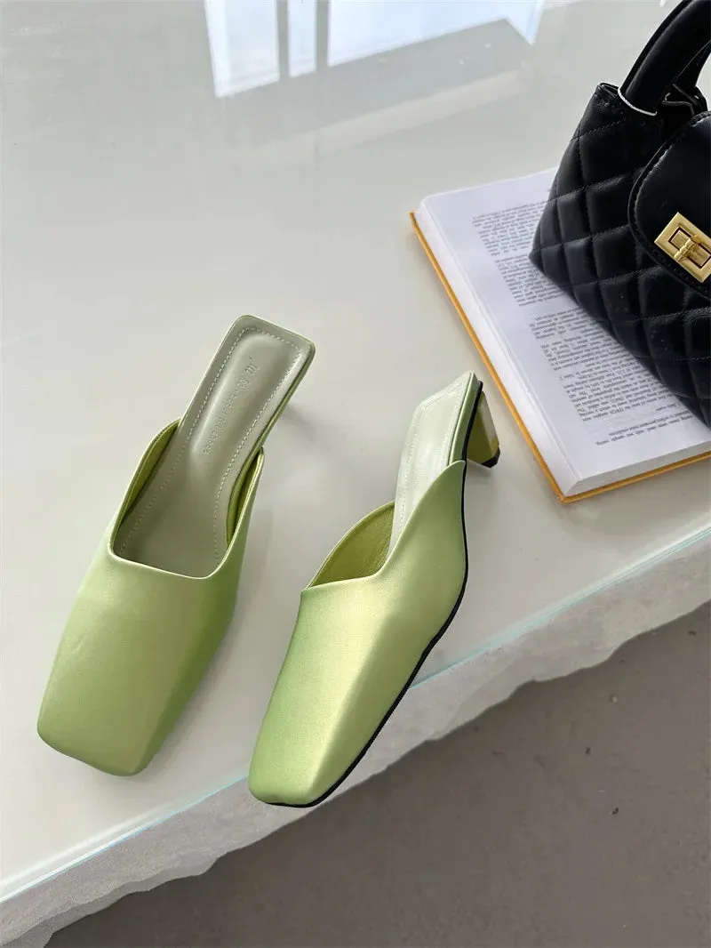LBSFY  - Satin Mule Slippers for Women Summer 2024 Luxury Brand Low Heel Sandal Women Elegant Comfy Stylish Square Head Flip-flops Ladies