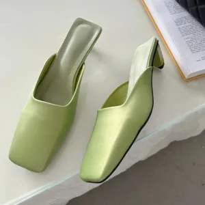 LBSFY  - Satin Mule Slippers for Women Summer 2024 Luxury Brand Low Heel Sandal Women Elegant Comfy Stylish Square Head Flip-flops Ladies