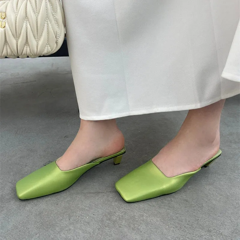 LBSFY  - Satin Mule Slippers for Women Summer 2024 Luxury Brand Low Heel Sandal Women Elegant Comfy Stylish Square Head Flip-flops Ladies
