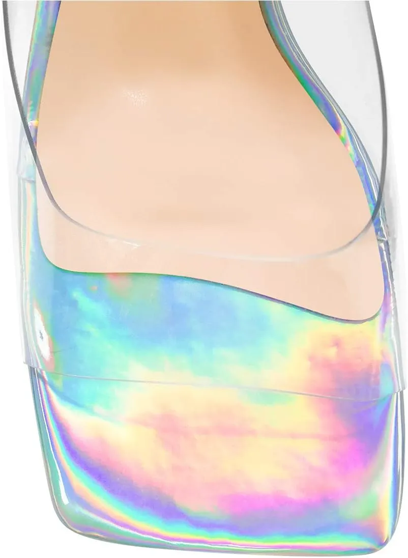 LISHAN Square Open Toe Mules Clear Mid Block Heeled Sandals for Women
