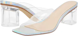 LISHAN Square Open Toe Mules Clear Mid Block Heeled Sandals for Women