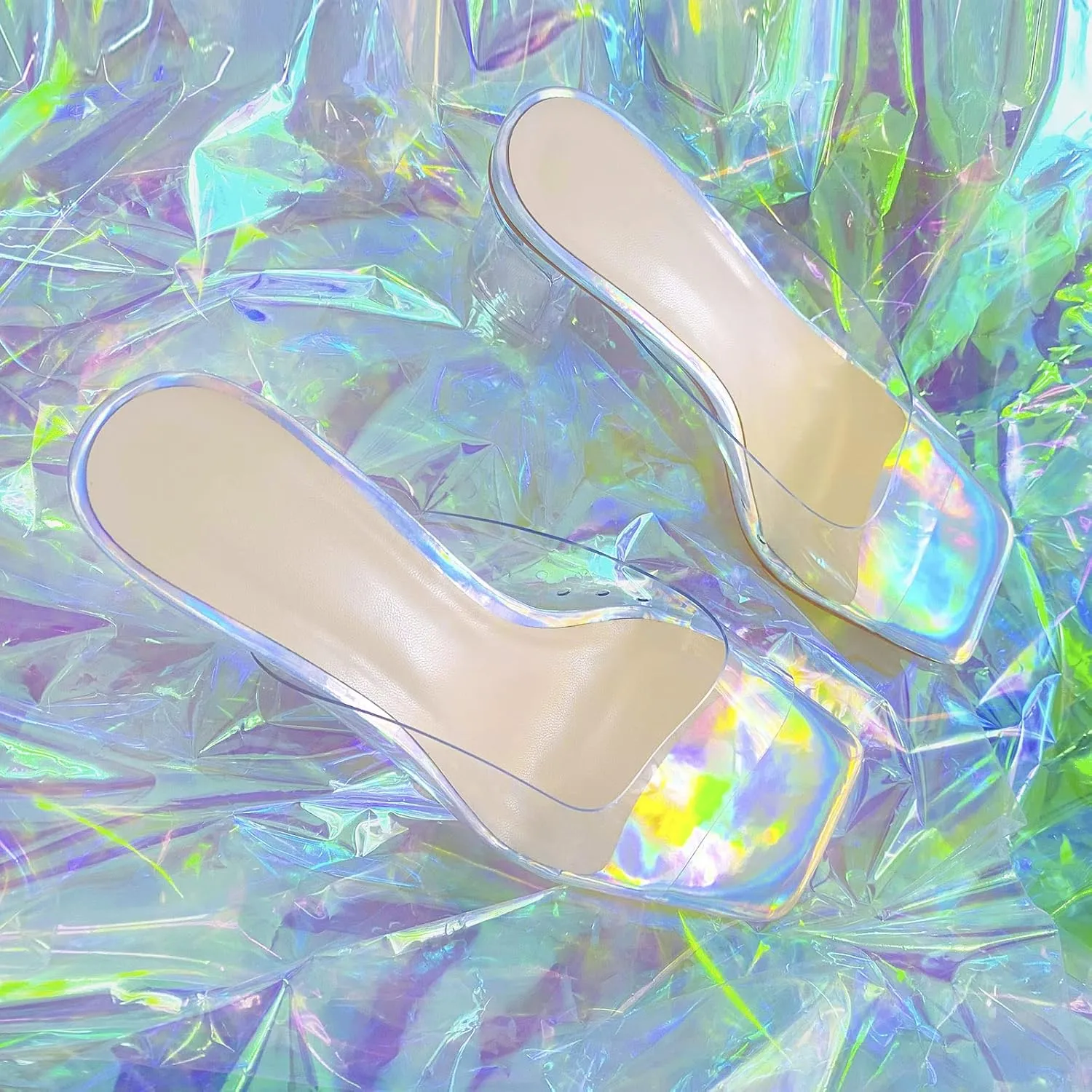 LISHAN Square Open Toe Mules Clear Mid Block Heeled Sandals for Women