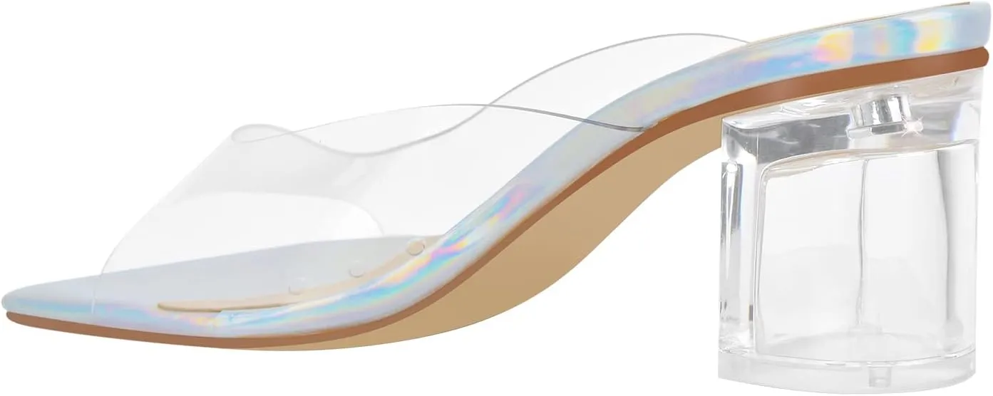 LISHAN Square Open Toe Mules Clear Mid Block Heeled Sandals for Women