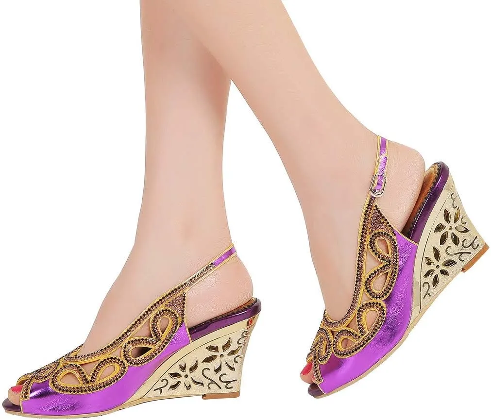 LizFoYa Women Cutout Crystal Evening Slingback Pumps Peep Toe Bridal Wedge Sandals