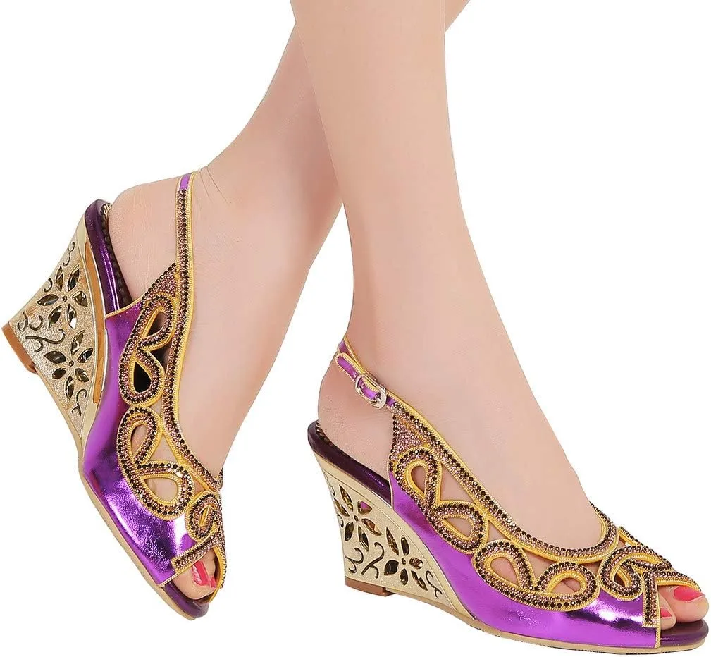 LizFoYa Women Cutout Crystal Evening Slingback Pumps Peep Toe Bridal Wedge Sandals