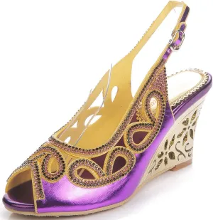 LizFoYa Women Cutout Crystal Evening Slingback Pumps Peep Toe Bridal Wedge Sandals