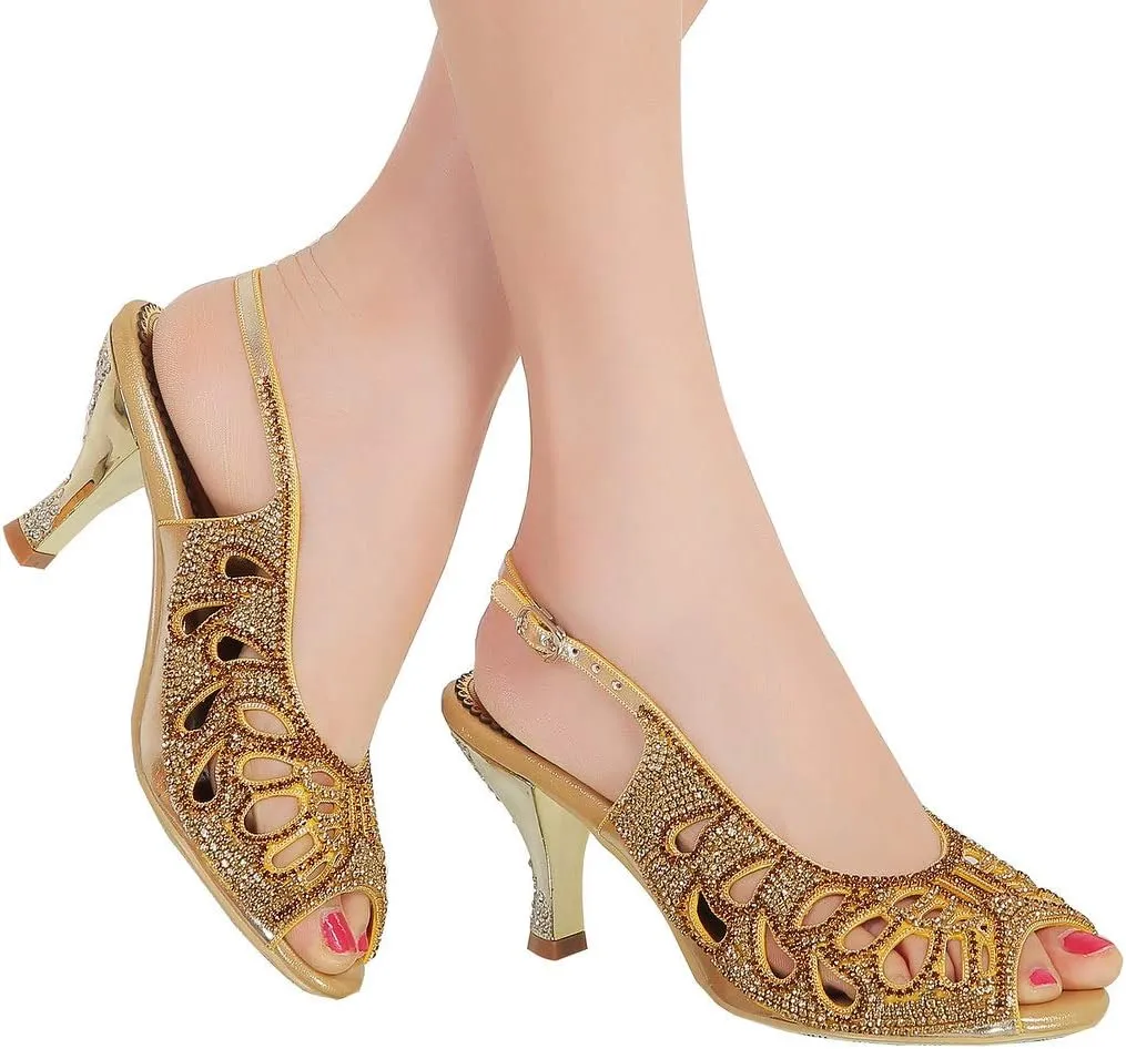 LizFoYa Women Peep Toe Cutout Dressy Pumps Shoes Crystal Evening Slingback Kitten Heels