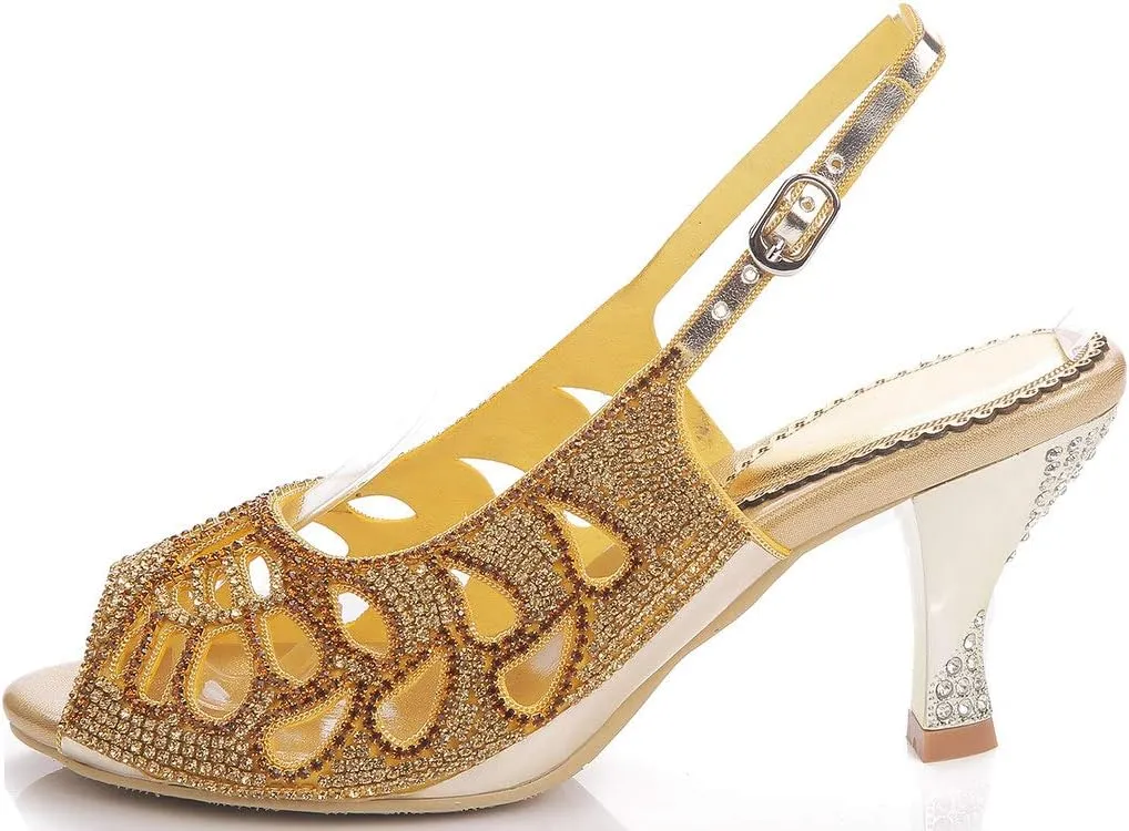LizFoYa Women Peep Toe Cutout Dressy Pumps Shoes Crystal Evening Slingback Kitten Heels