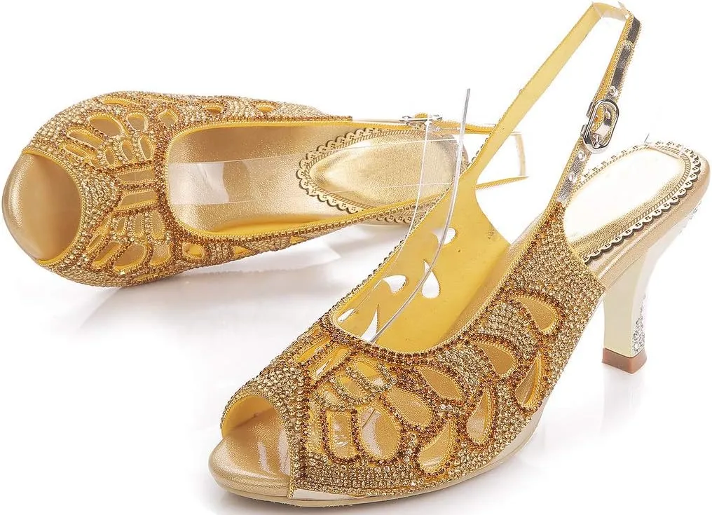 LizFoYa Women Peep Toe Cutout Dressy Pumps Shoes Crystal Evening Slingback Kitten Heels