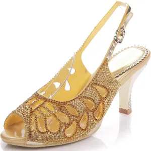 LizFoYa Women Peep Toe Cutout Dressy Pumps Shoes Crystal Evening Slingback Kitten Heels