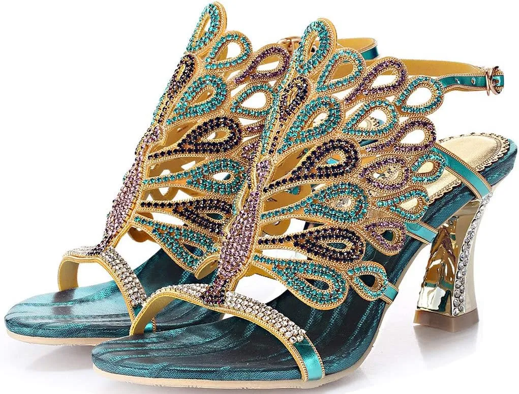 LizFoYa Women Rhinestone Peacock Wedding Sandals Chic Evening Dress Chunky High Heels