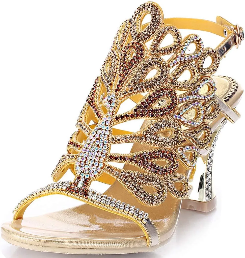 LizFoYa Women Rhinestone Peacock Wedding Sandals Chic Evening Dress Chunky High Heels