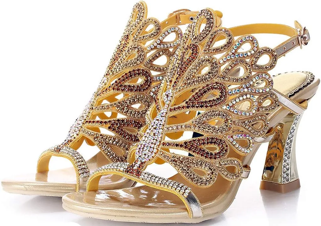 LizFoYa Women Rhinestone Peacock Wedding Sandals Chic Evening Dress Chunky High Heels