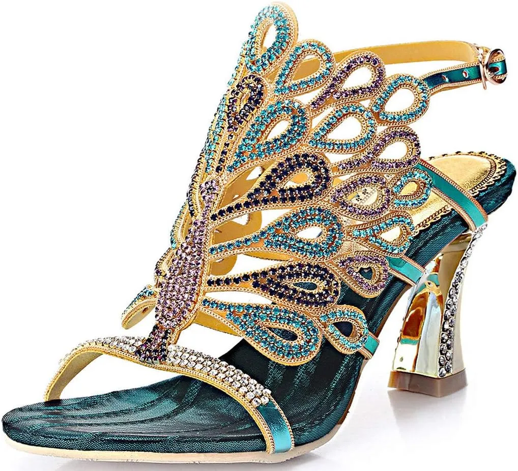 LizFoYa Women Rhinestone Peacock Wedding Sandals Chic Evening Dress Chunky High Heels