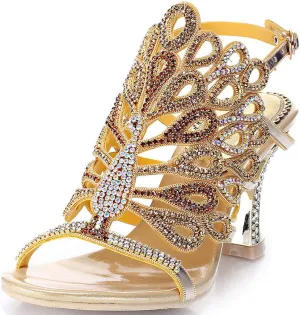 LizFoYa Women Rhinestone Peacock Wedding Sandals Chic Evening Dress Chunky High Heels