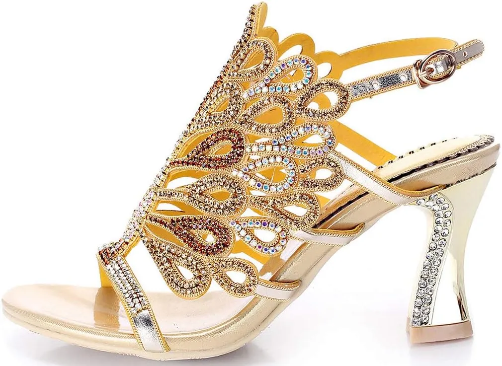 LizFoYa Women Rhinestone Peacock Wedding Sandals Chic Evening Dress Chunky High Heels