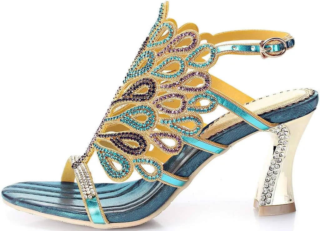 LizFoYa Women Rhinestone Peacock Wedding Sandals Chic Evening Dress Chunky High Heels