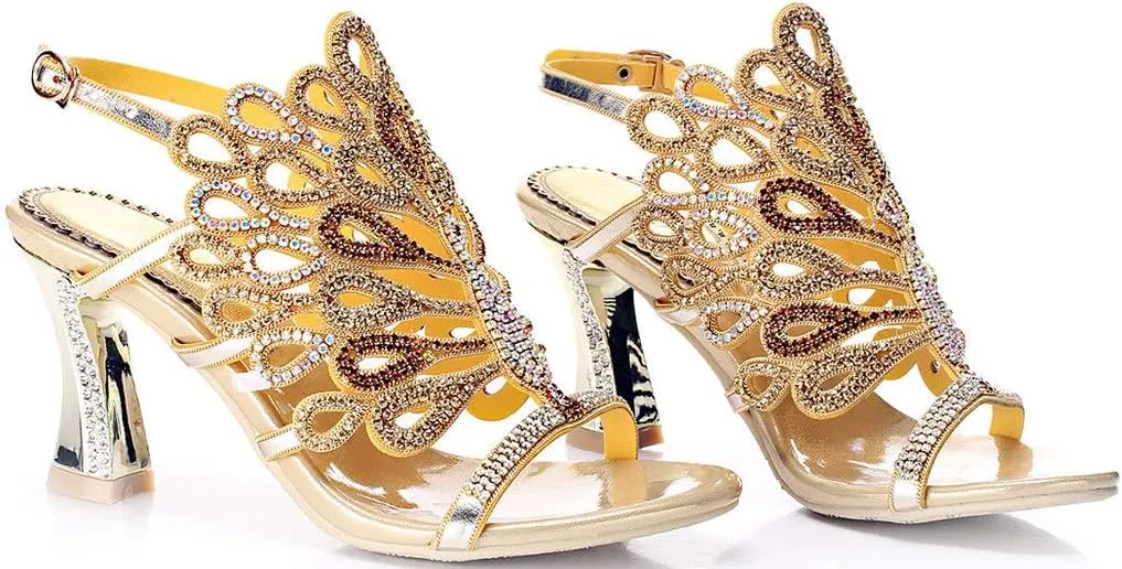 LizFoYa Women Rhinestone Peacock Wedding Sandals Chic Evening Dress Chunky High Heels
