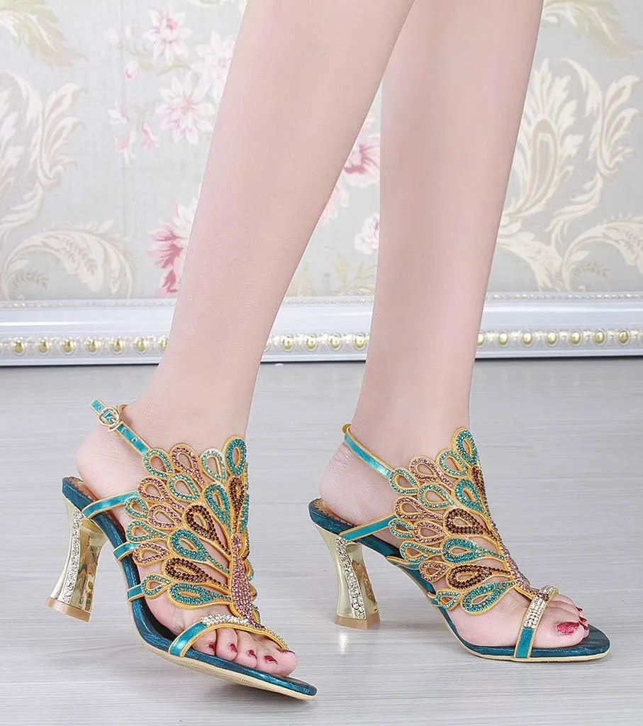 LizFoYa Women Rhinestone Peacock Wedding Sandals Chic Evening Dress Chunky High Heels