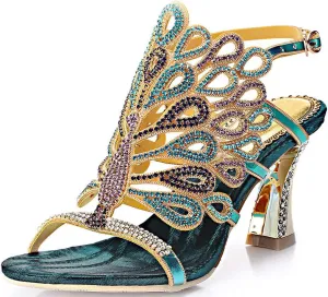 LizFoYa Women Rhinestone Peacock Wedding Sandals Chic Evening Dress Chunky High Heels