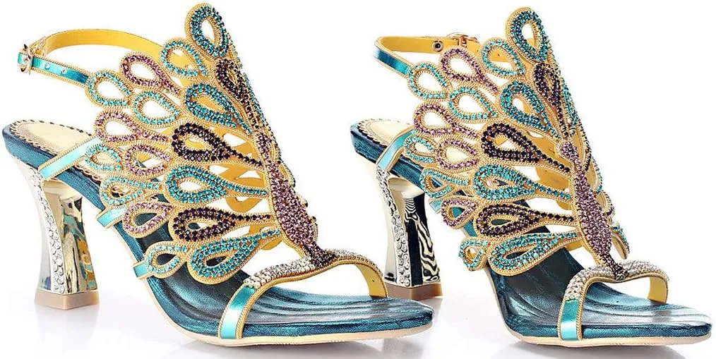 LizFoYa Women Rhinestone Peacock Wedding Sandals Chic Evening Dress Chunky High Heels