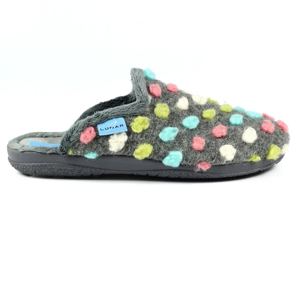 Lunar Montreal Women's Padded Insole Polka Dot Mule Slipper Grey MACHINE WASHABLE