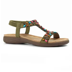 Lunar Ravello Women's Beaded T-Bar Slip on Sandal Khaki