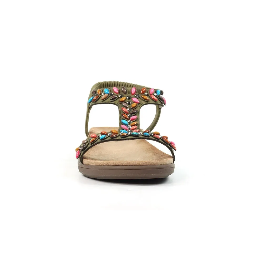 Lunar Ravello Women's Beaded T-Bar Slip on Sandal Khaki
