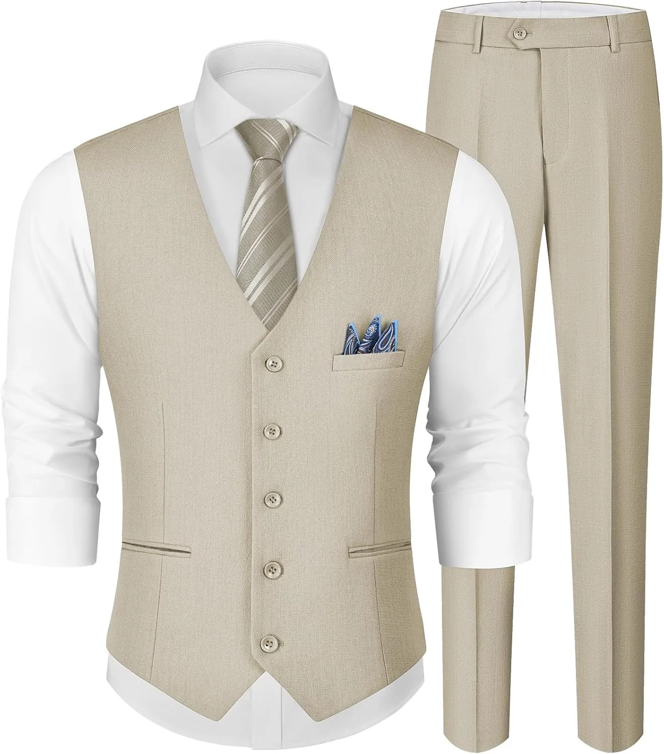 MAGE MALE Men's Linen 2 Piece Suit Slim Fit Wedding Groomsmen Summer Vest Pants Set with Pocket Square