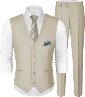 MAGE MALE Men's Linen 2 Piece Suit Slim Fit Wedding Groomsmen Summer Vest Pants Set with Pocket Square