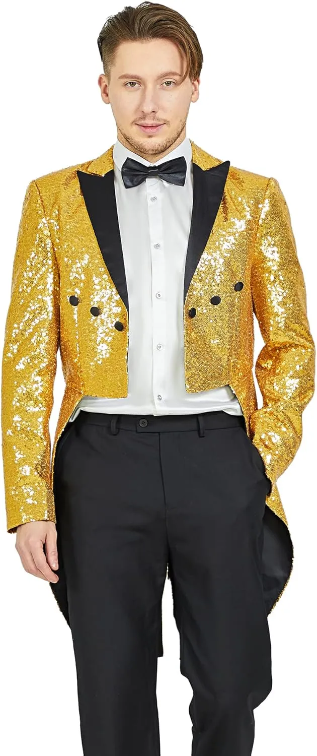 MAGE MALE Mens Sequin Tuxedo Jacket Tails Slim Fit Tailcoat Dress Coat Swallowtail Dinner Party Wedding Blazer Suit Jacket
