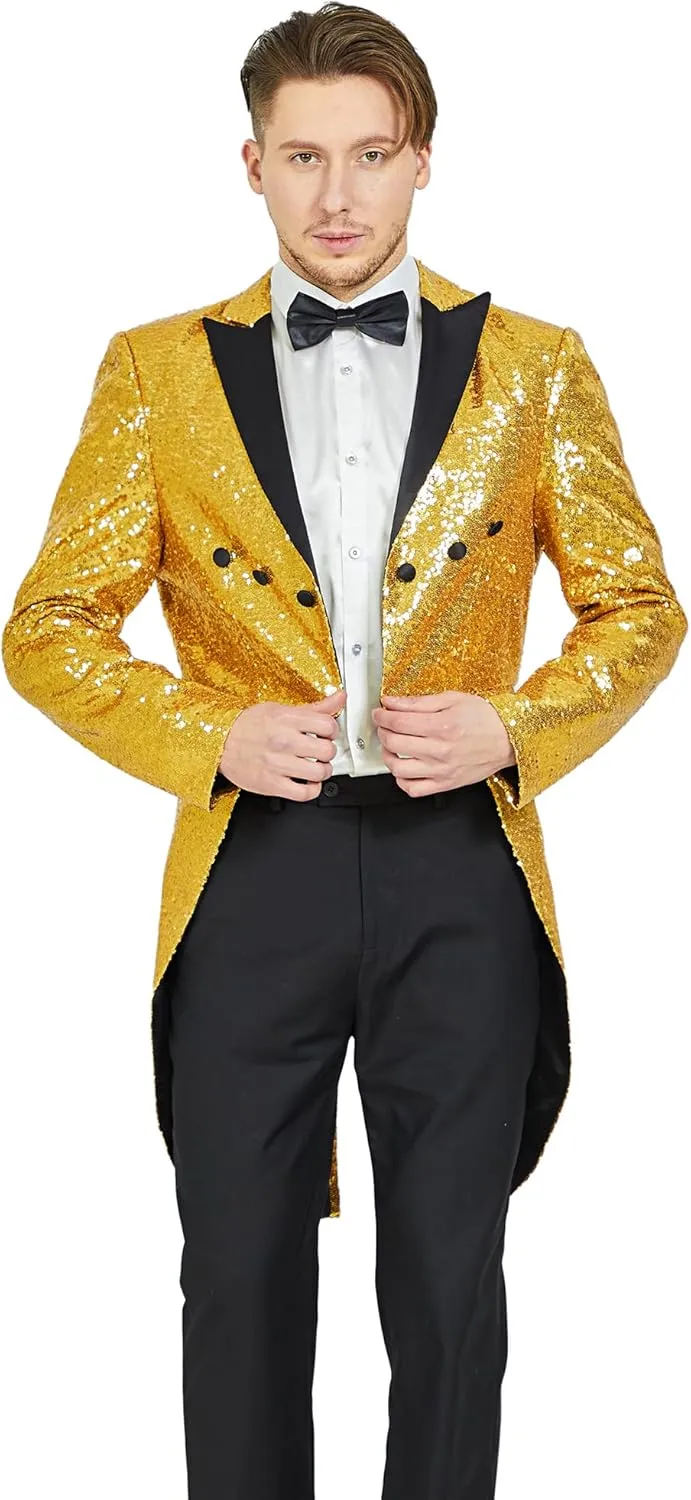 MAGE MALE Mens Sequin Tuxedo Jacket Tails Slim Fit Tailcoat Dress Coat Swallowtail Dinner Party Wedding Blazer Suit Jacket