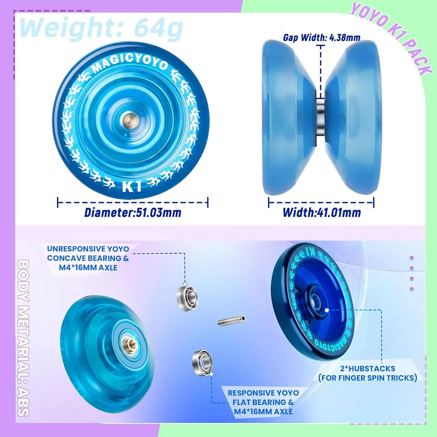 Magic YOYO K1 Yoyo Responsive Ball Bearing Yoyo for Beginner Kids, Plastic ABS Yoyo with Yoyo Glove Yoyo Storage Bag 12 Replacement Yoyo Strings (Crystal Blue)