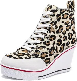 Mei MACLEOD High Heel Sneakers for Women Wedge Heel Sneaker with Side Zipper Casual Lace Up Canvas Shoes for College Students