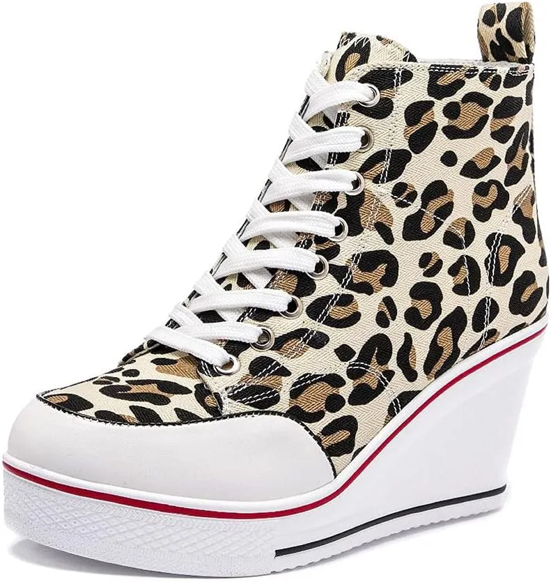 Mei MACLEOD High Heel Sneakers for Women Wedge Heel Sneaker with Side Zipper Casual Lace Up Canvas Shoes for College Students