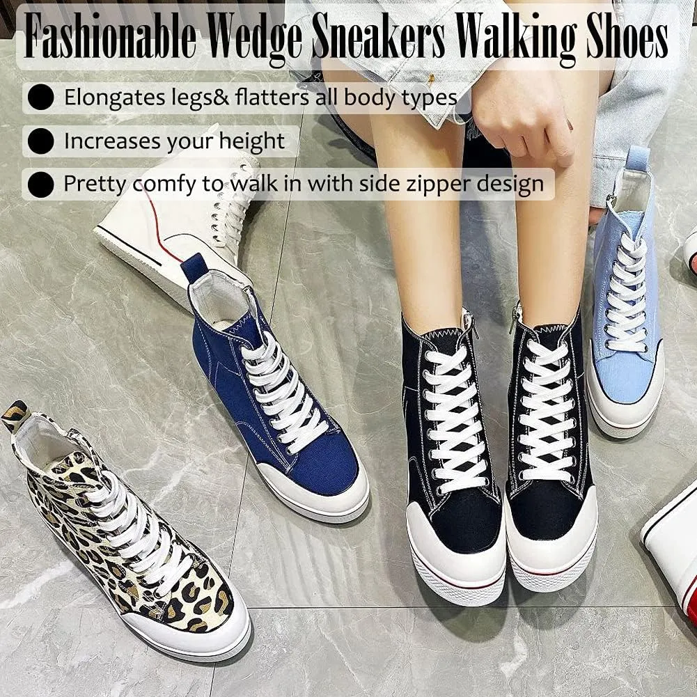 Mei MACLEOD High Heel Sneakers for Women Wedge Heel Sneaker with Side Zipper Casual Lace Up Canvas Shoes for College Students