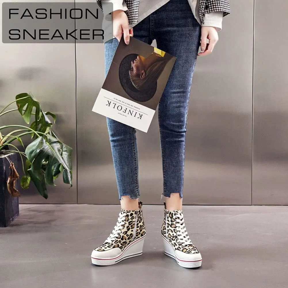 Mei MACLEOD High Heel Sneakers for Women Wedge Heel Sneaker with Side Zipper Casual Lace Up Canvas Shoes for College Students